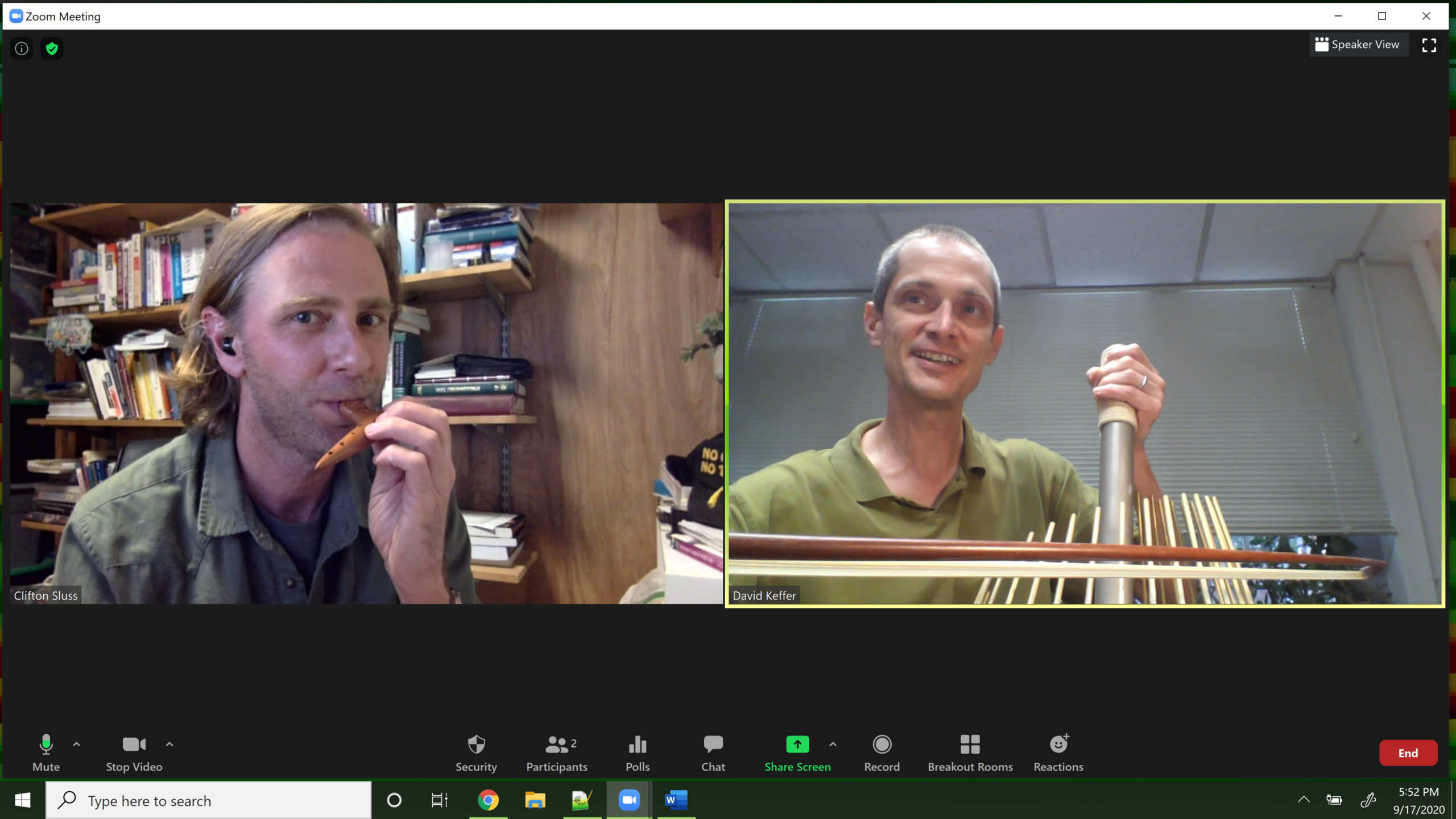 During the virtual interview, PhD student Clifton Sluss and Professor Keffer performed a duet with Keffer on the waterphone and Sluss on the ocarina.